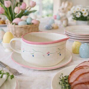 Nordic Wind Ranmaru Gravy Boat Plate Floral Pink Rim Cottage Easter Tableware